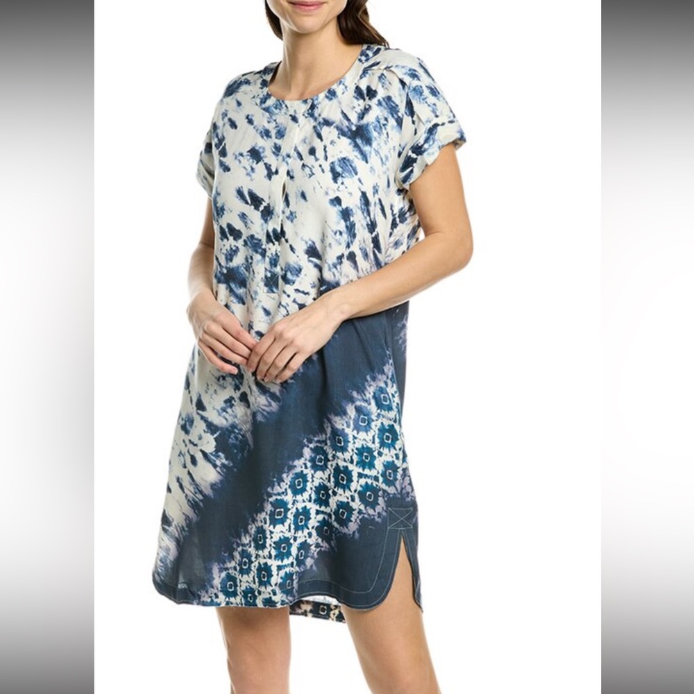 GO by GO SILK Short Silk Shift Dress Blue Tie Dye Ikat Border raw edge Size M